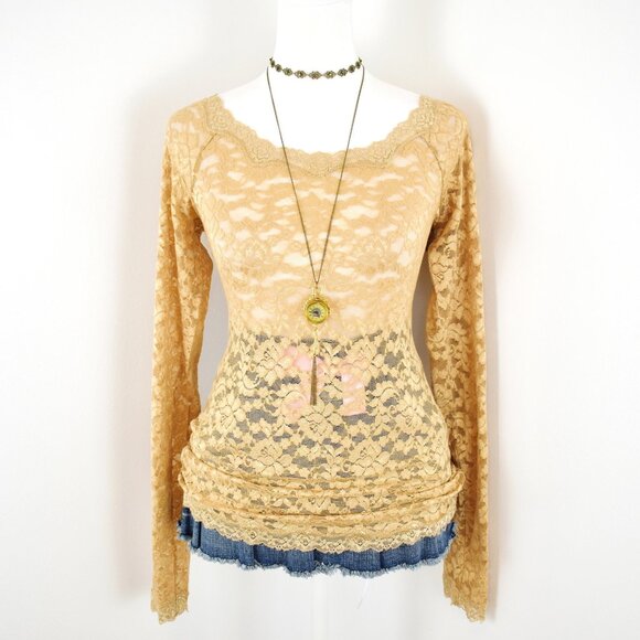 VTG 00s Y2K Moda International VS Tan Sheer Floral Lace Long Sleeve Top Sz S - Picture 1 of 6
